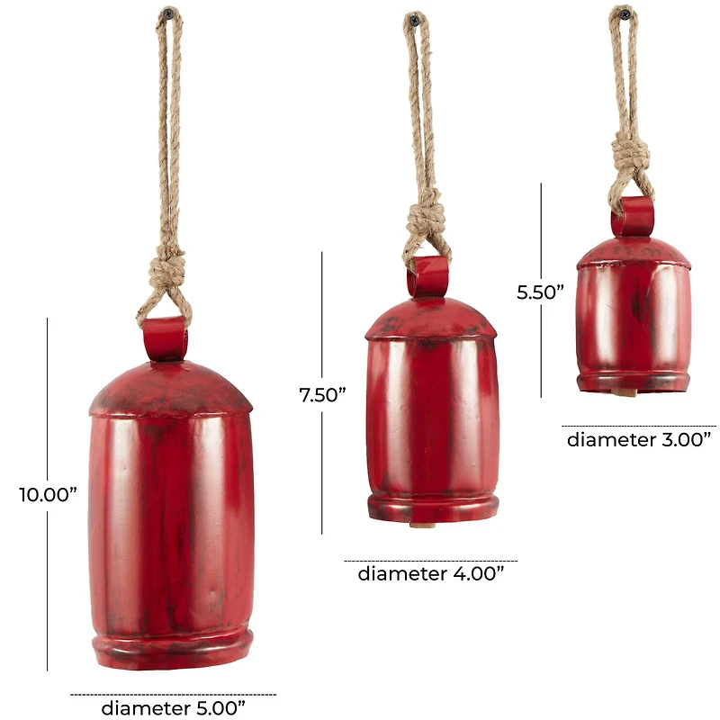 Red Metal Cow Bells Tibetan Inspired Decorative with Jute Hanging Rope Set