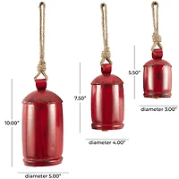 Red Metal Cow Bells Tibetan Inspired Decorative with Jute Hanging Rope Set