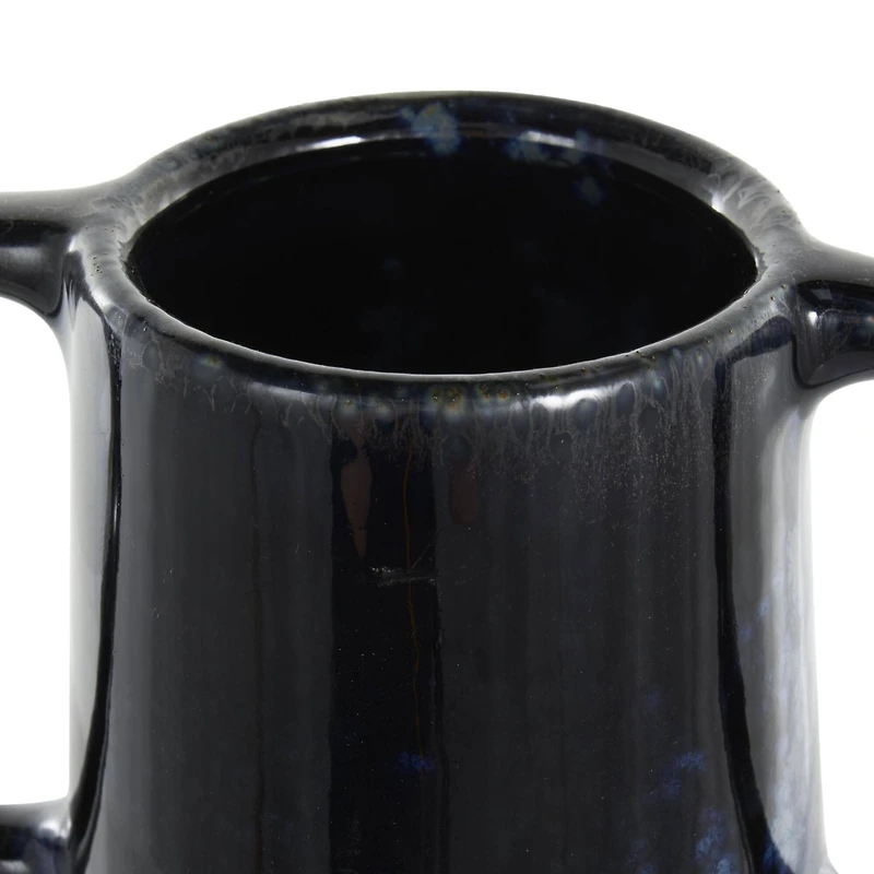 16" Dark Blue Ceramic Textured Cone Vase with Curved Handles