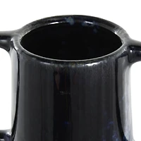 16" Dark Blue Ceramic Textured Cone Vase with Curved Handles