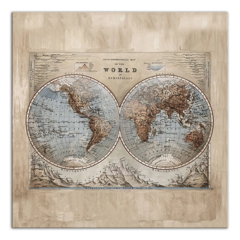 World Map Hemispheres 30" x 30" Canvas Wall Art
