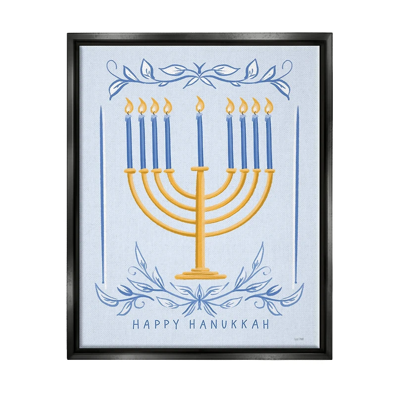 Stupell Industries Happy Hanukkah Botanical Menorah Framed Floater Canvas Wall Art