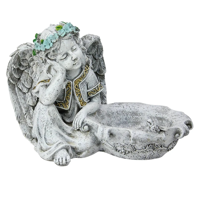 10" Gray Resting Angel Bird Feeder Garden Statue