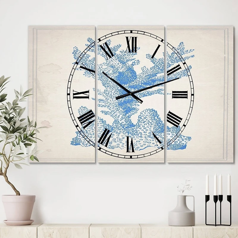 Designart Nautical & Coastal Blue Coral 3 Panel Large Wall Clock