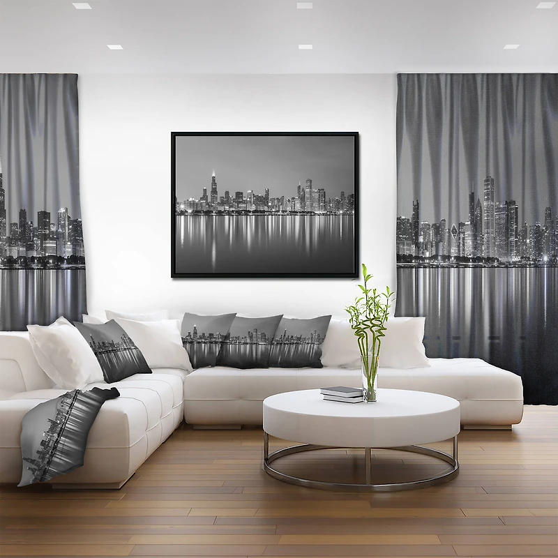Designart - Chicago Skyline at Night Black and White