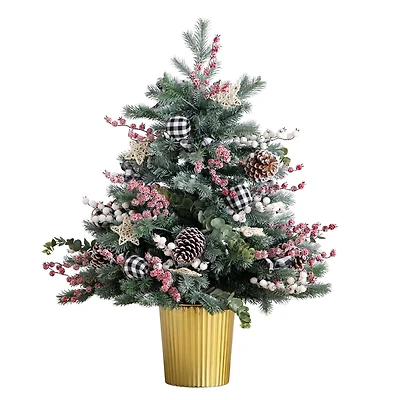 3ft. Pre-Lit Snow-Covered Artificial Christmas Tree in Golden Planter, Color-Changing LED Lights