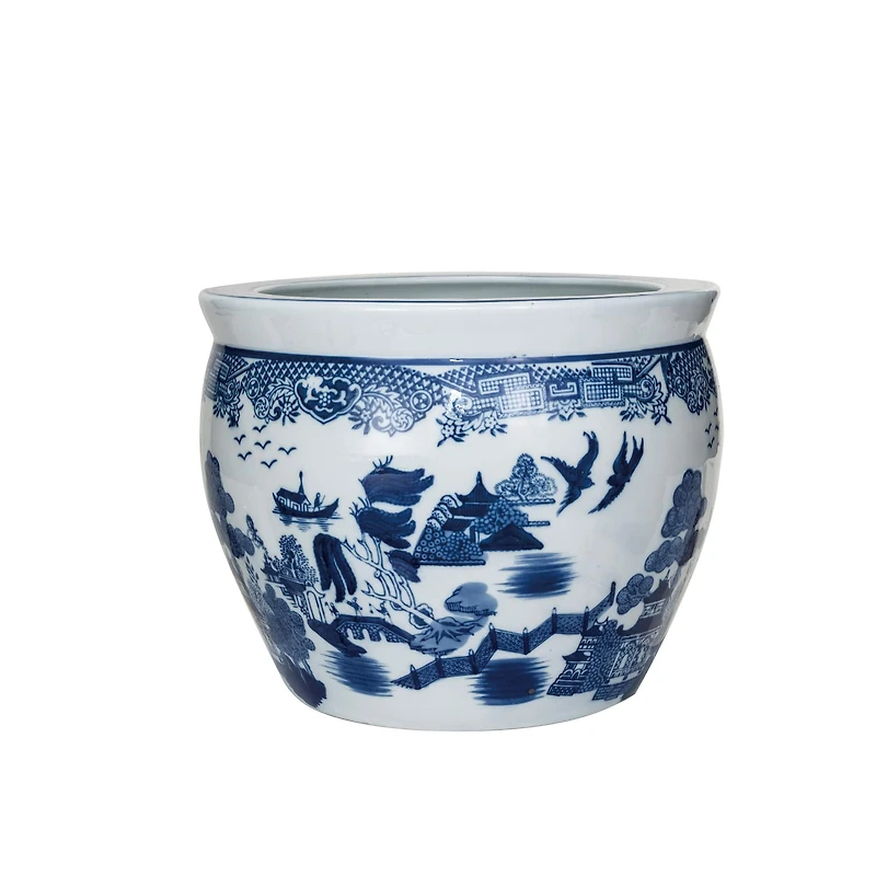 Hello Honey® 12.25" Blue & White Hand-Painted Stoneware Planter