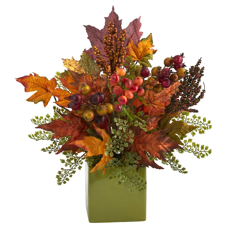 17in. Maple Leaf, Berries, Maiden Hair Arrangement in Green Vase