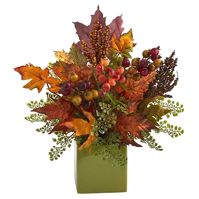 17in. Maple Leaf, Berries, Maiden Hair Arrangement in Green Vase