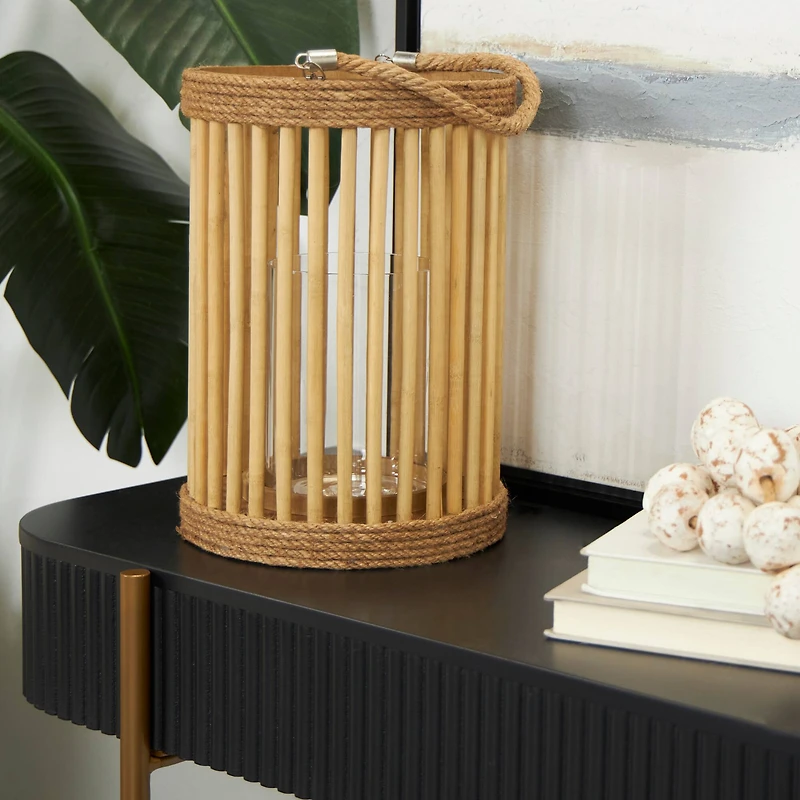 13" Brown Bamboo Handmade Open Framed Caged Candle Lantern with Rope Handle