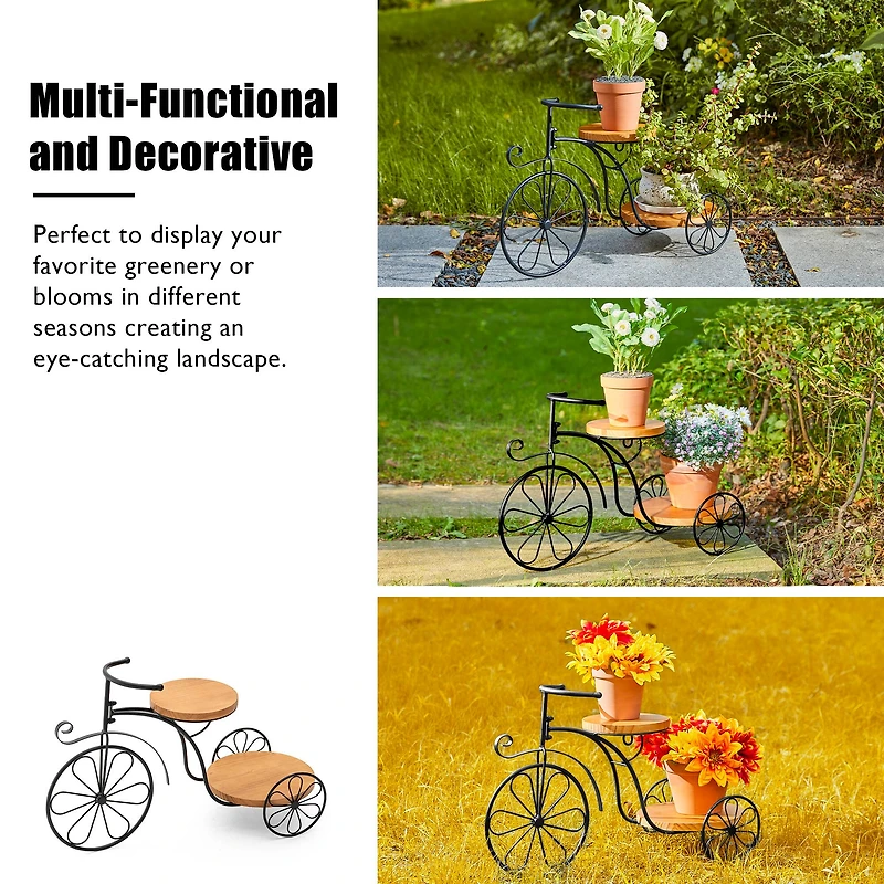 Glitzhome® 24" Black Metal Tricycle Planter Stand with Solid Wood Tray
