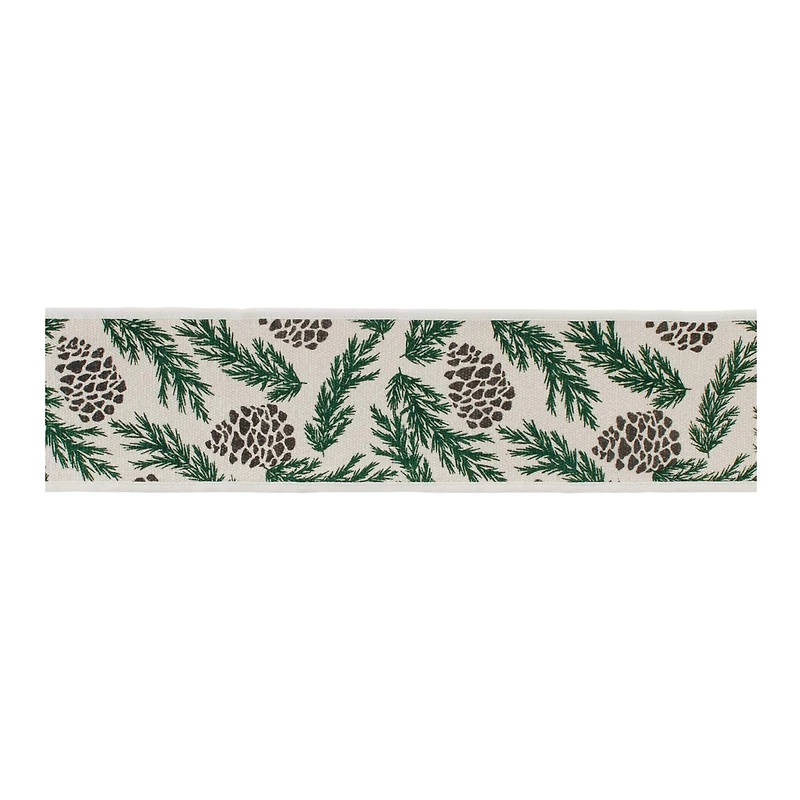 4" x 5yd. Green & White Wired Pine & Pinecone Cotton Ribbon