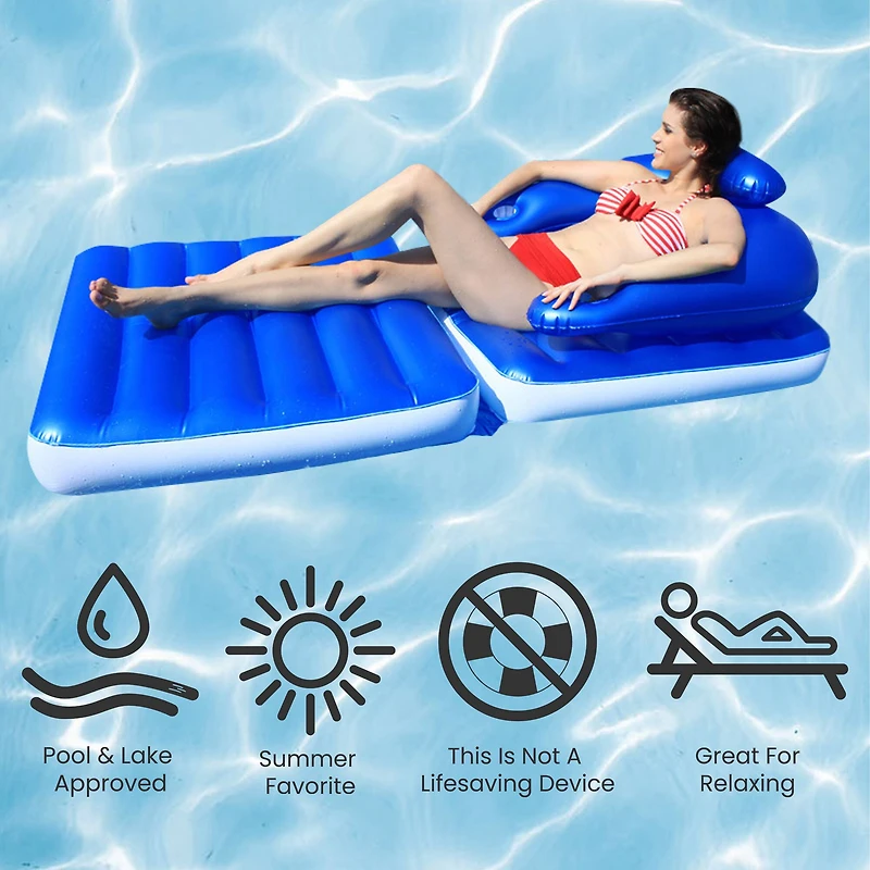 74" Blue Convertible Lounge Chair Inflatable Swimming Pool Float