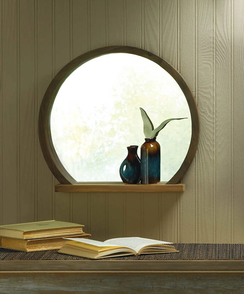 Round Wooden Mirror with Shelf