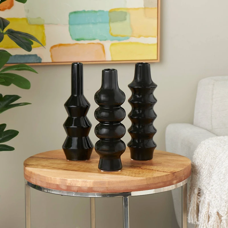 Black Ceramic Abstract Bubble Ribbed Vase Set