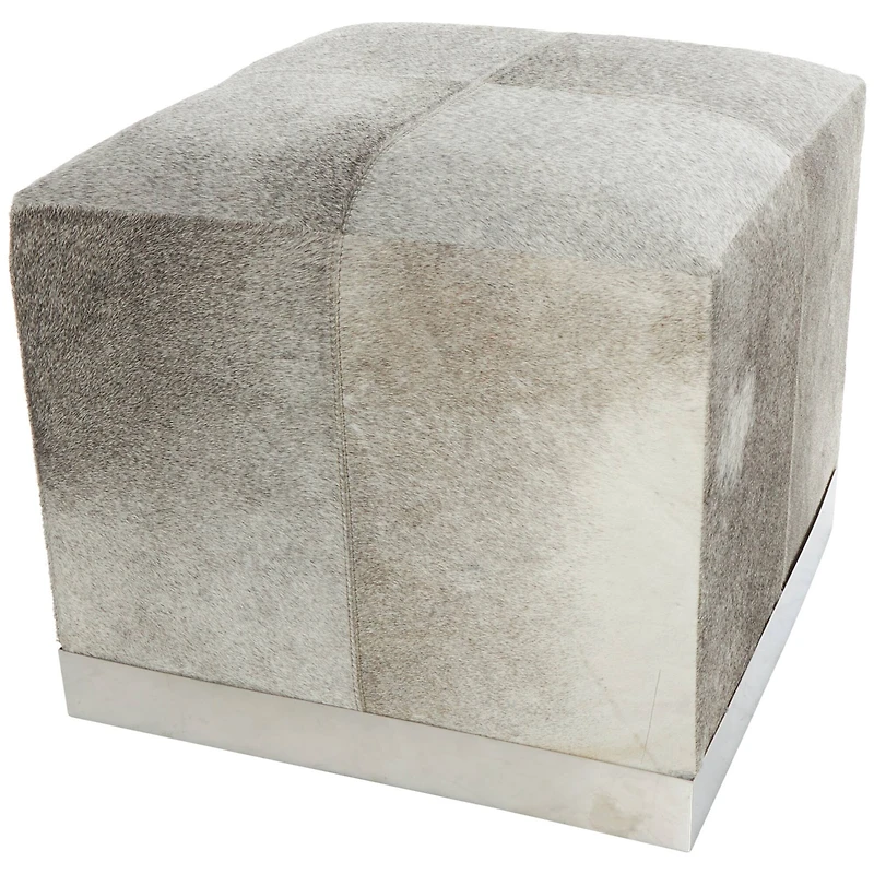 17" Gray Leather Patchwork Pouf with Silver Metal Base