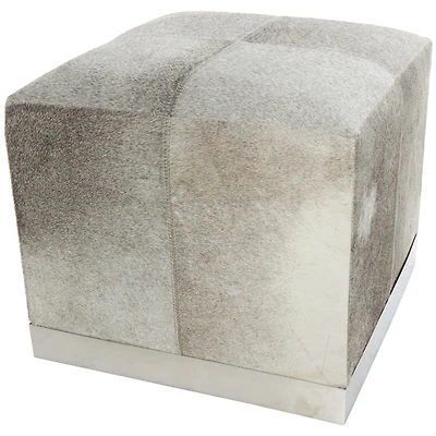 17" Gray Leather Patchwork Pouf with Silver Metal Base