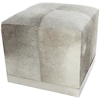 17" Gray Leather Patchwork Pouf with Silver Metal Base