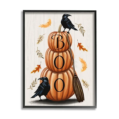 Stupell Industries Boo Ravens Pumpkin Stack Framed Giclee Art