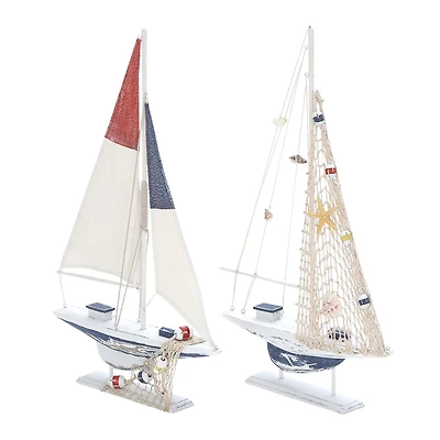 Set of 2 White Wood Coastal Sail Boat Sculpture, 22" x 13"