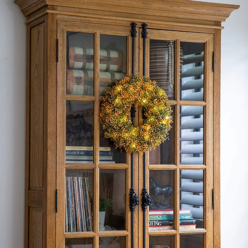 18in. Pre-Lit Autumn Boxwood Artificial Fall Wreath with 25 Warm White LED Lights