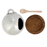 Hello Honey® 5.5" Cream Stoneware Salt Jar with Wood Spoon & Coaster