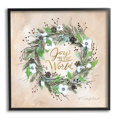 Stupell Industries Joy To The World Holiday Floral Wreath Framed Giclee Art
