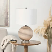 2ft. Beige Glass Round Accent Lamp with Marble Inspired Design & Gold Accents
