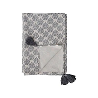 Hello Honey® 84" Gray & Gold Cotton Printed Tablecloth with Leaf Pattern & Tassels