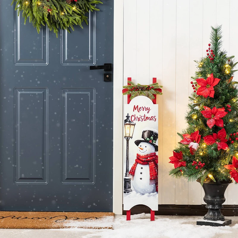 Glitzhome® 36" Wooden Christmas Snowman Sleigh Porch Sign