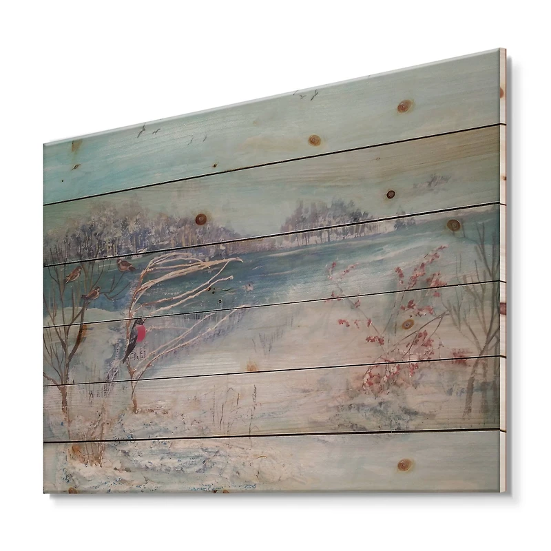 Designart - Winter Trees River and Birds - Lake House Print on Natural Pine Wood