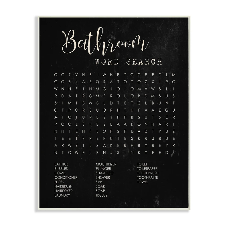 Stupell Industries Bathroom Word Search Activity over Distressed Black Wood Wall Plaque