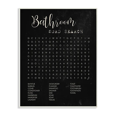 Stupell Industries Bathroom Word Search Activity over Distressed Black Wood Wall Plaque