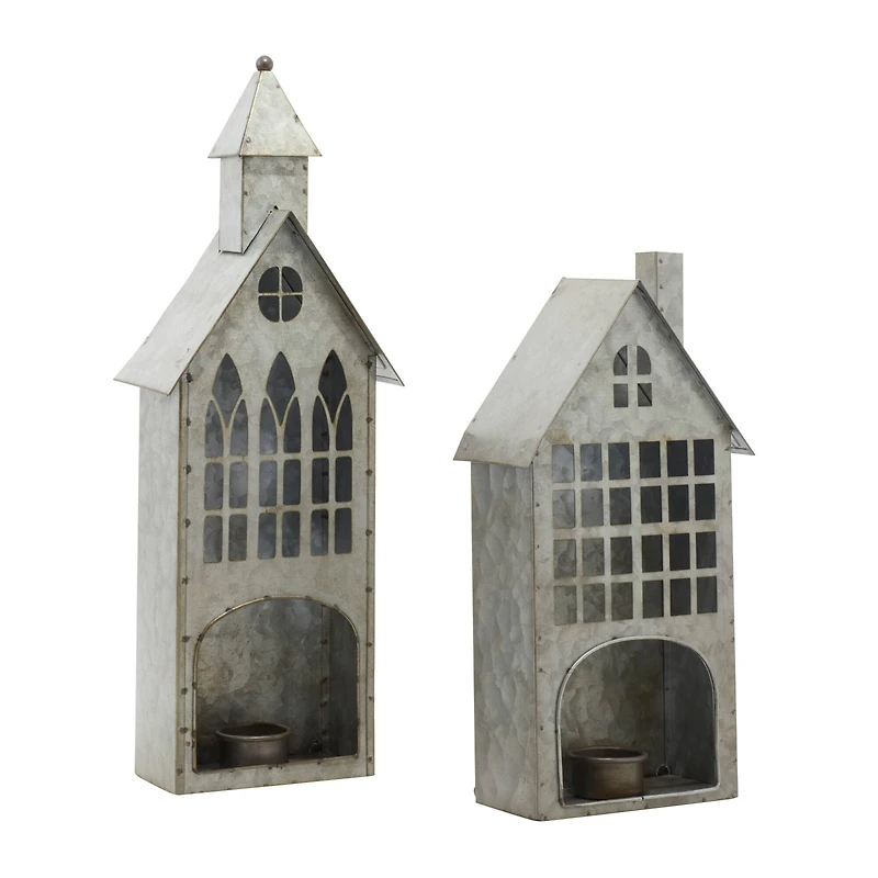 Set of 2 Grey Metal Farmhouse Candle Holder, 13", 18"