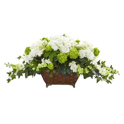 15.5" White Hydrangea & Ivy Arrangement in Metal Planter
