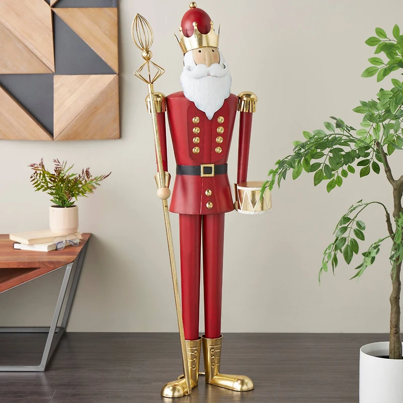 52.5" Red Standing Nutcracker with Drum Metal Sculpture