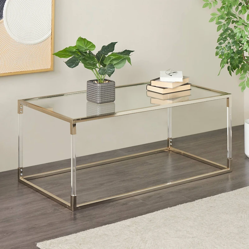 46" Silver Metal Minimalistic Open Framed Living Room Coffee Table with Clear Glass Top & Acrylic Legs
