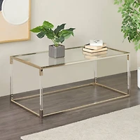 46" Silver Metal Minimalistic Open Framed Living Room Coffee Table with Clear Glass Top & Acrylic Legs