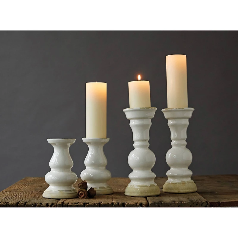 Hello Honey® 12'' Distressed White Stoneware Pillar Candle Holder
