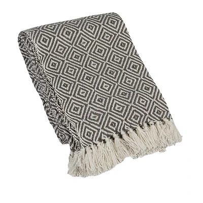 Hello Honey® Charcoal & Cream Geometric Hand-Woven Reclaimed Fabric Throw with Fringe
