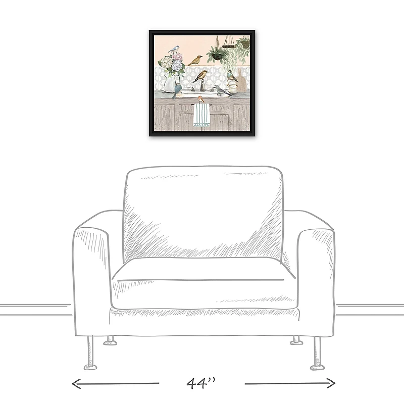 Birdies at the Sink Black Floating Framed Canvas