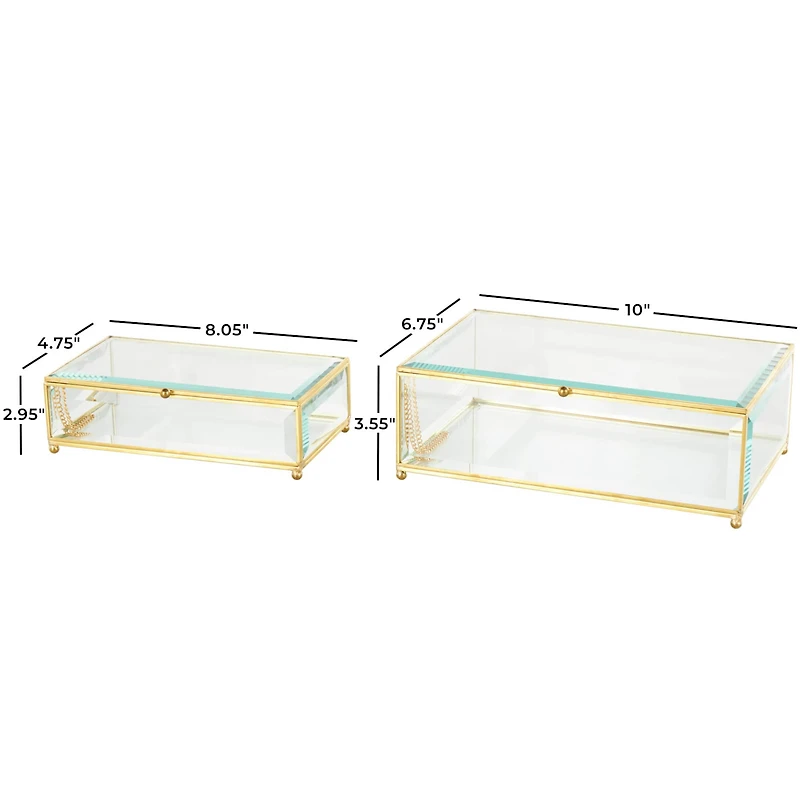 Clear & Gold Beveled Glass & Metal Rectangle Footed Jewelry Box with Chain Accent Set