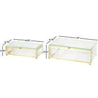 Clear & Gold Beveled Glass & Metal Rectangle Footed Jewelry Box with Chain Accent Set