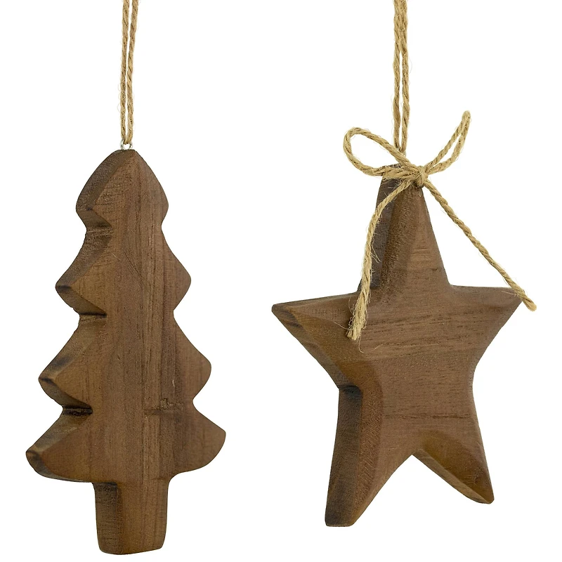 Tree and Star Wooden Christmas Ornaments - 5" - Brown - Set of 2