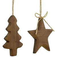 Tree and Star Wooden Christmas Ornaments - 5" - Brown - Set of 2