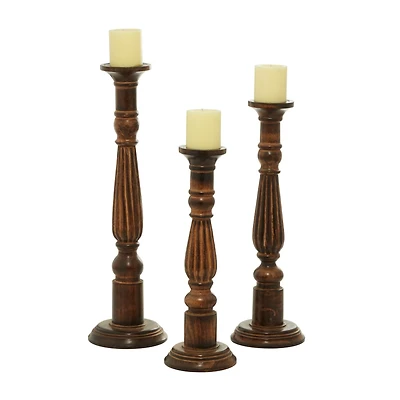 Brown Mango Wood Traditional Candle Holders Set, 18", 21" & 24"