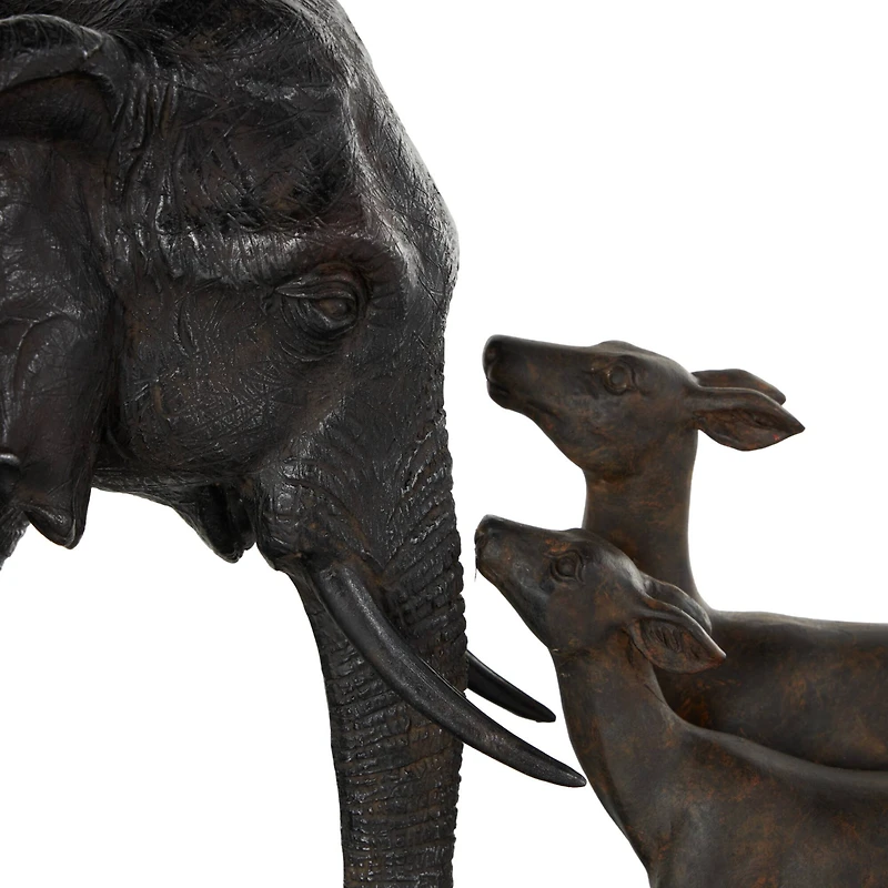 19.75" Black Elephant Walking Sculpture with Dark Brown Deer