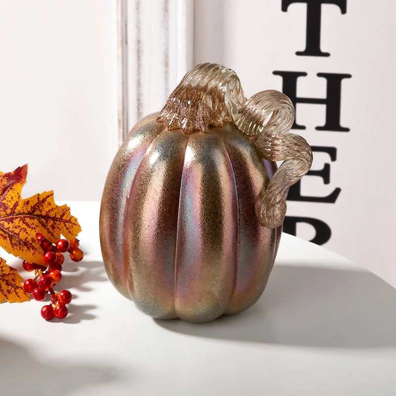 Glitzhome® Blue & Gold Glittery Glass Pumpkin Set