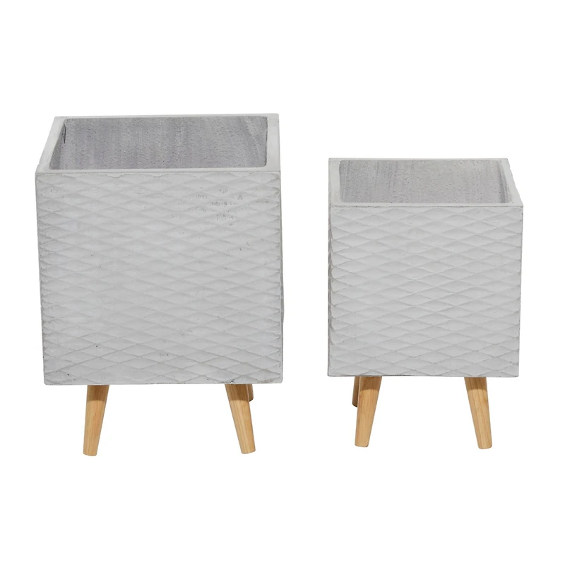 Set of 2 Grey Polystone Contemporary Planter, 15", 17"