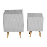 Set of 2 Grey Polystone Contemporary Planter, 15", 17"